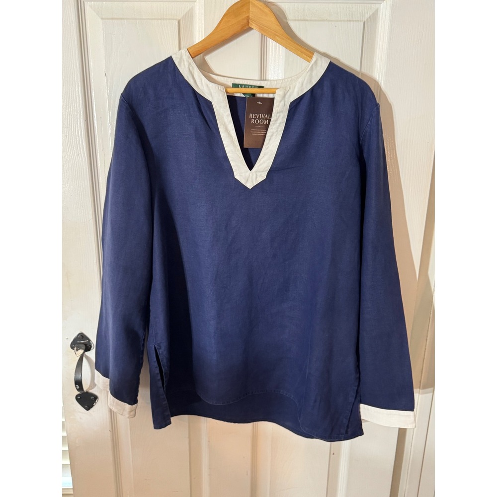 Lauren Ralph Lauren Womens Navy Blue 100% Linen Split V-Neck Tunic Top Large